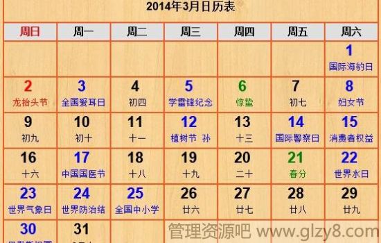 2014年3月份节日表大全