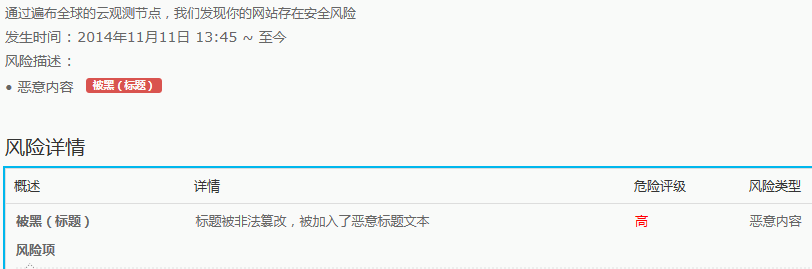 百度云观测提示：恶意内容 被黑（标题）标题被非法篡改，被加入了恶意标题文本