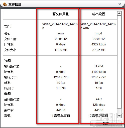 狸窝全能视频转换器看源文件跟输出文件对比