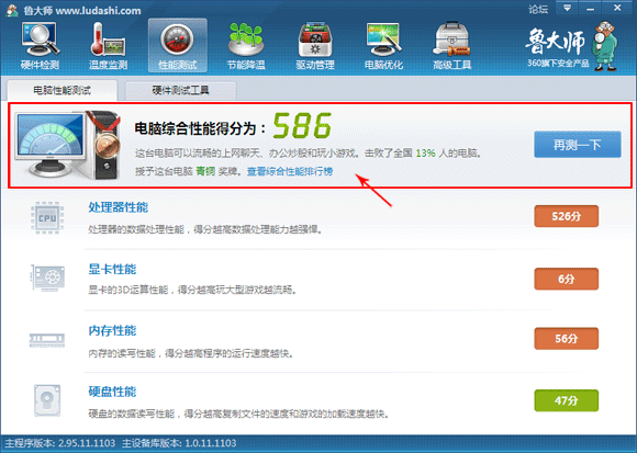 鲁大师给电脑综合性能评分