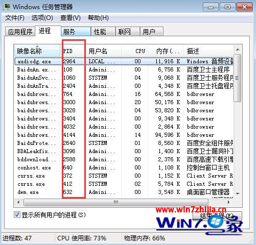 Win7 64位旗舰版系统下如何通过任务管理器查看进程PID标识符