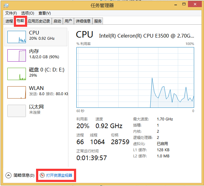 win8系统如何快速查看硬件资源和带宽使用情况