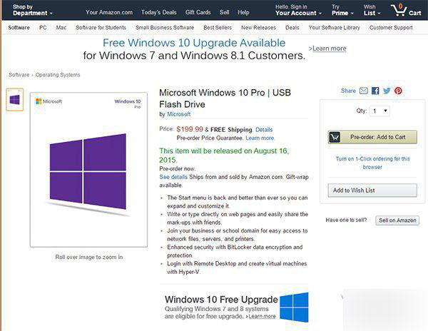 U盘版Win10家庭版和专业版在美国亚马逊开启预订:家庭版120美元