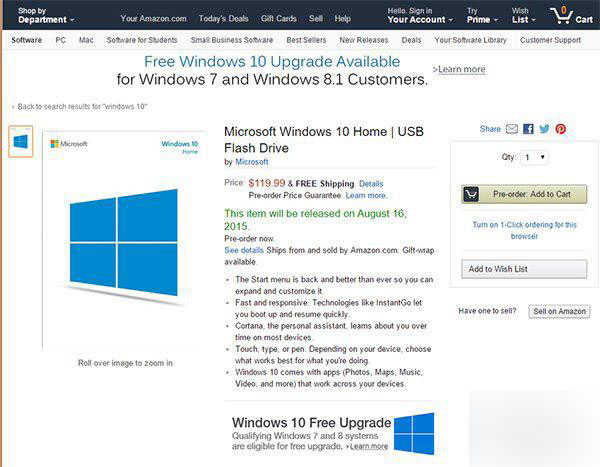 U盘版Win10家庭版和专业版在美国亚马逊开启预订:家庭版120美元