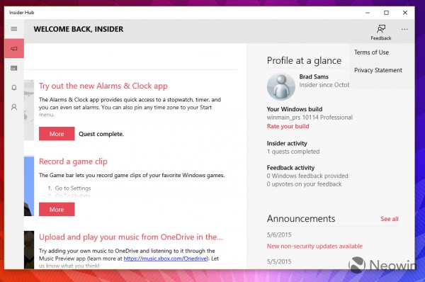 Win10 10114预览版Insider Hub有哪些改变