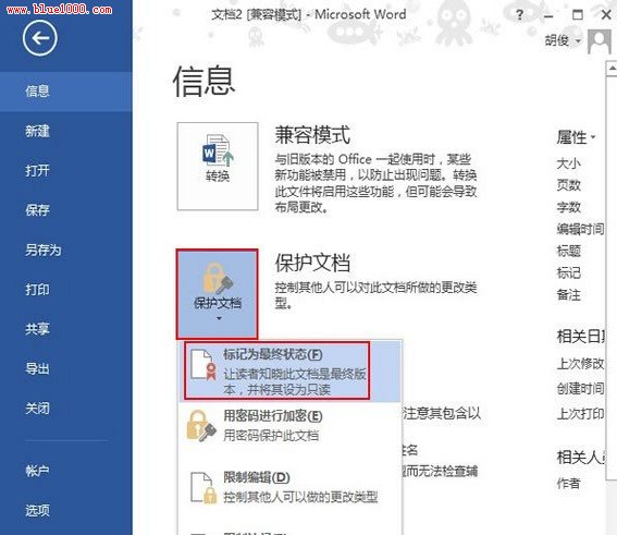 如何将Word2013文档设置为只读？