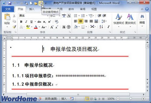 Word2010文档中应用自动套用格式