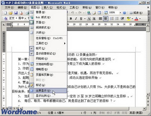 在Word2003中打开和关闭“全屏显示”视图