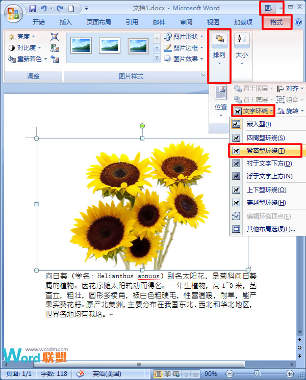 在Word2007中如何让文字紧挨图片