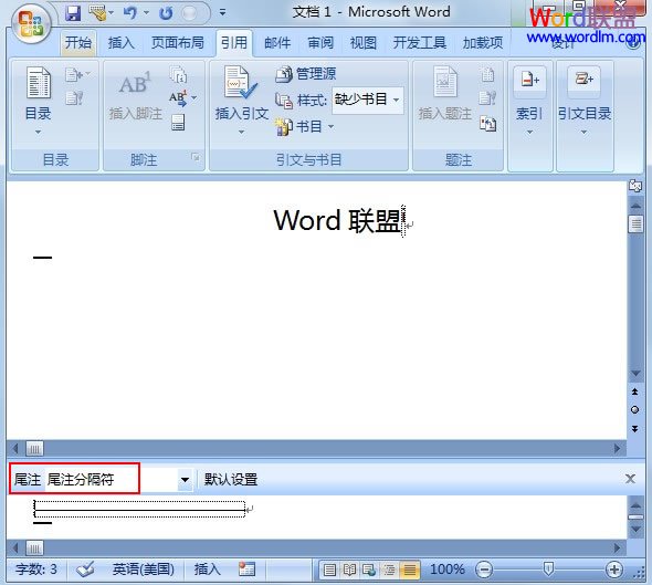 Word2007尾注里的横线怎么删除