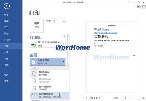 Word2013中怎样打印指定页码的文档