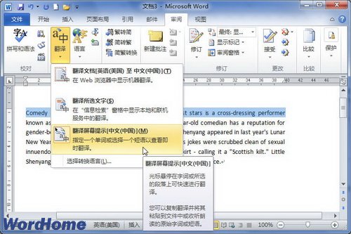 在Word2010中使用“翻译屏幕提示”翻译英文