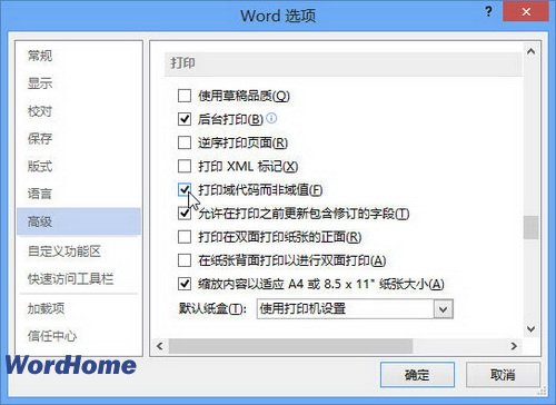 Word2013文档中的域代码怎样打印出来