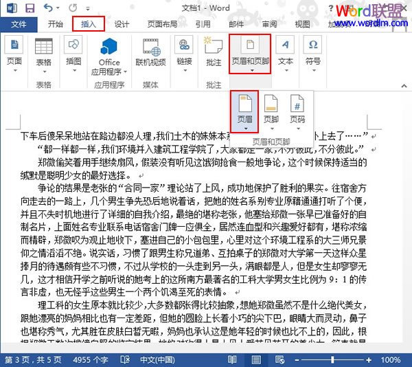 Word2013中在当前页插入页眉而其他页没有页眉