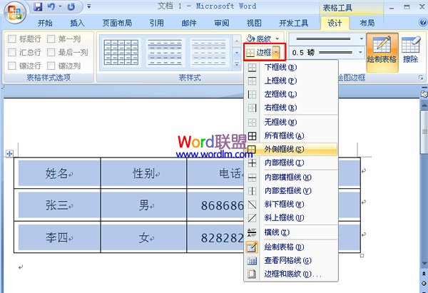 在Word2007中制作双线表格