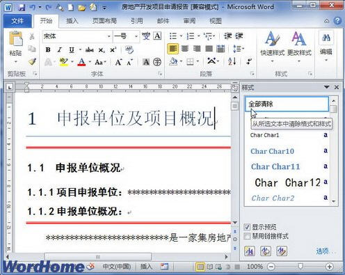 word2010清除格式或样式