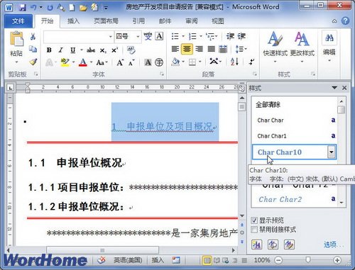 在Word2010“样式”窗口中选择样式