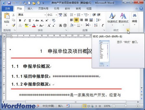 在Word2010“样式”窗口中选择样式