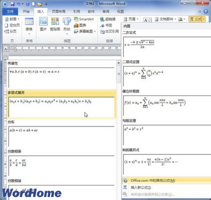 在Word2010文档中插入内置公式