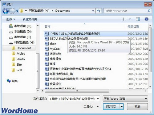 在Word2010中打开所有支持的Word文档