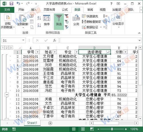 在Excel2013中使用分类汇总功能