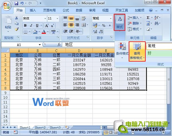 套用Excel2007表格样式进行数据汇总