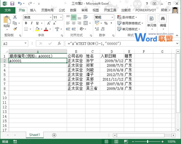 利用Text函数在Excel 2013中建立顺序编号