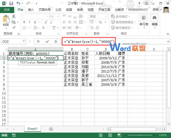 利用Text函数在Excel 2013中建立顺序编号