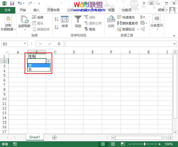 在Excel2013单元格中添加一级下拉列表