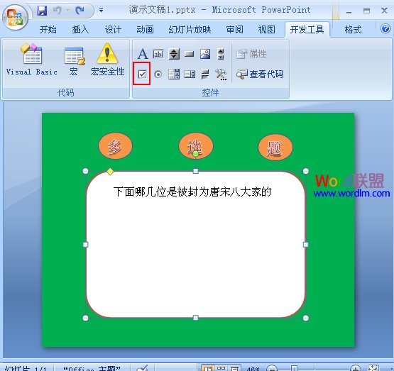 在PowerPoint2007中制作多选题