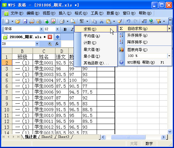 WPS表格制作期末学生成绩检测汇总表