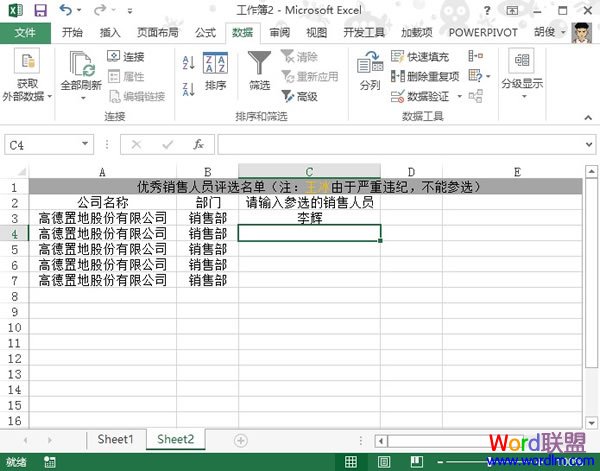 Excel2013表格中禁止某人参选优秀销售人员的评选