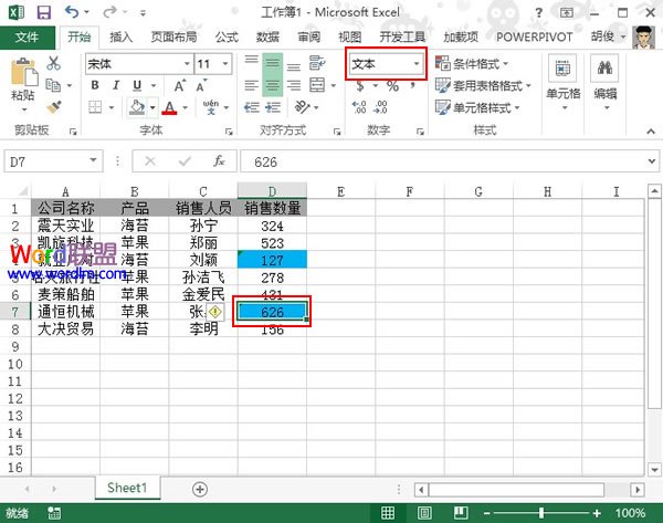 让Excel2013工作表里的文本格式数字高亮显示