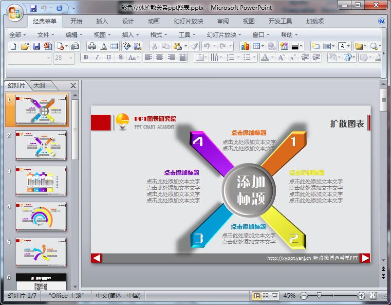 彩色立体扩散关系ppt图表