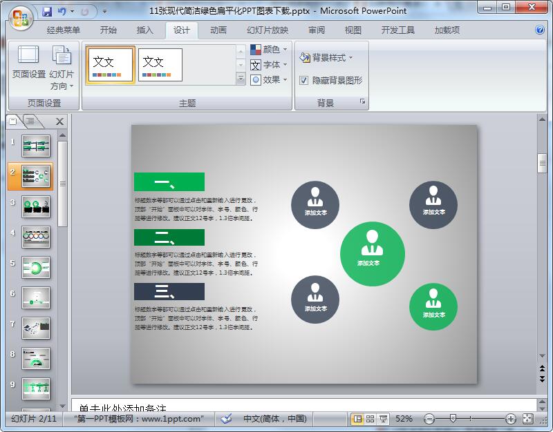 11张现代简洁绿色扁平化PPT图表下载