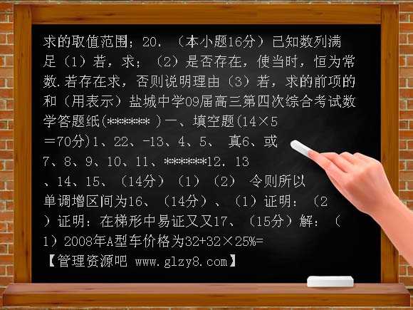 盐城中学2009届高三数学第四次综合考试试题有答案