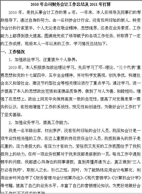 2010年公司财务会计工作总结及2011年打算Word模板