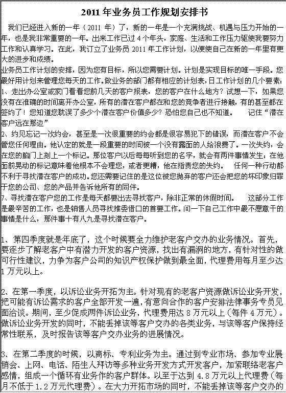 2011年业务员工作规划安排书Word模板