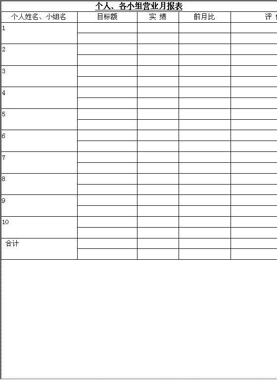 个人各小组营业月报表Word模板