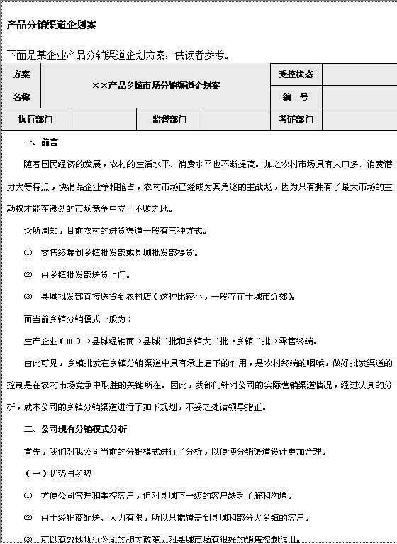 产品分销渠道企划案格式Word模板