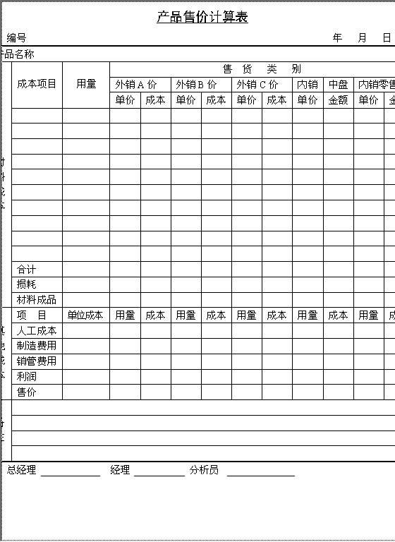 产品售价计算表Word模板