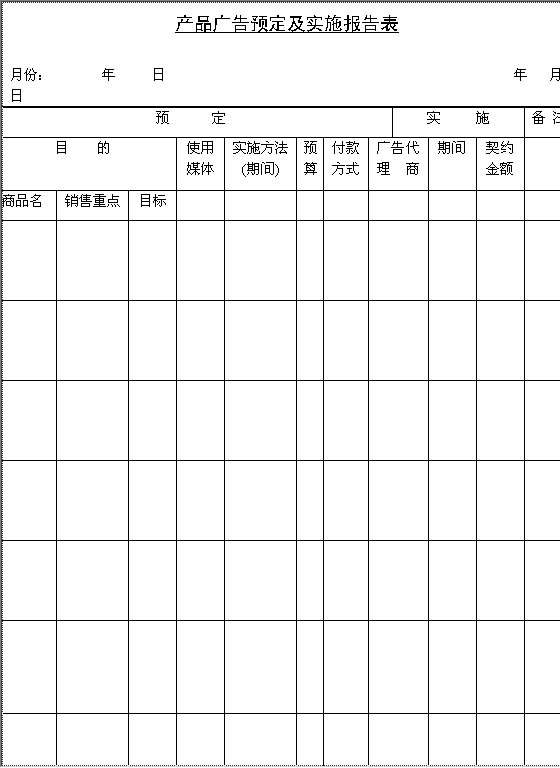 产品广告预定及实施报告表Word模板