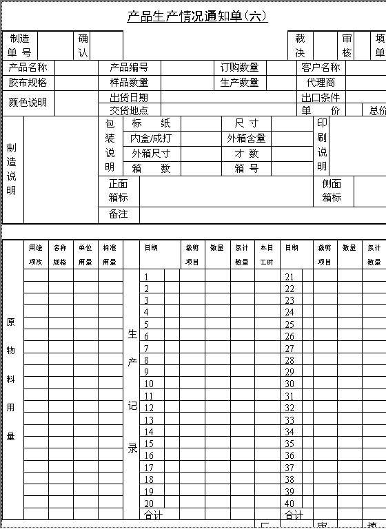 产品生产情况通知单FWord模板