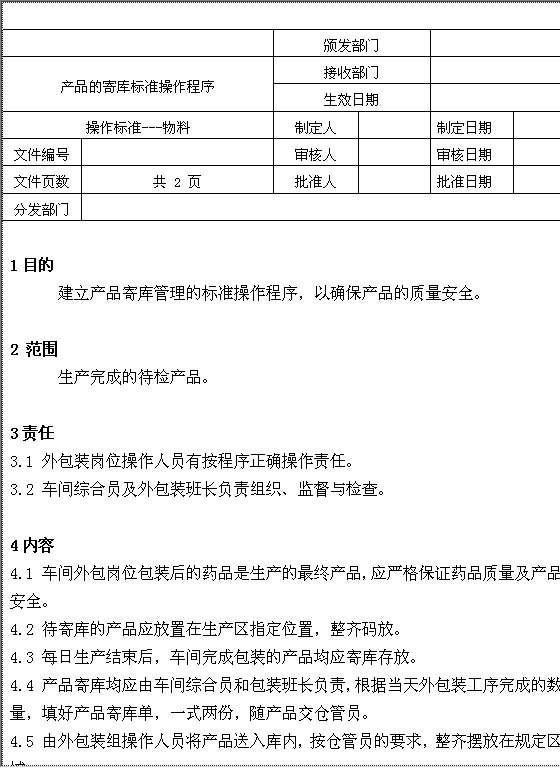 产品的寄库标准操作程序Word模板