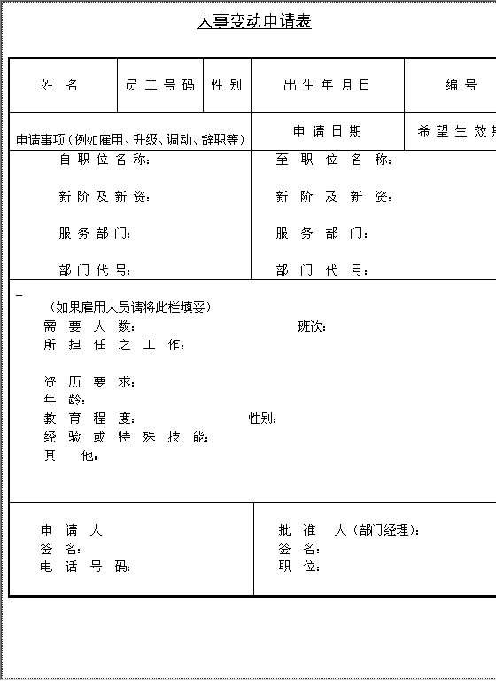 人事变动申请表Word模板