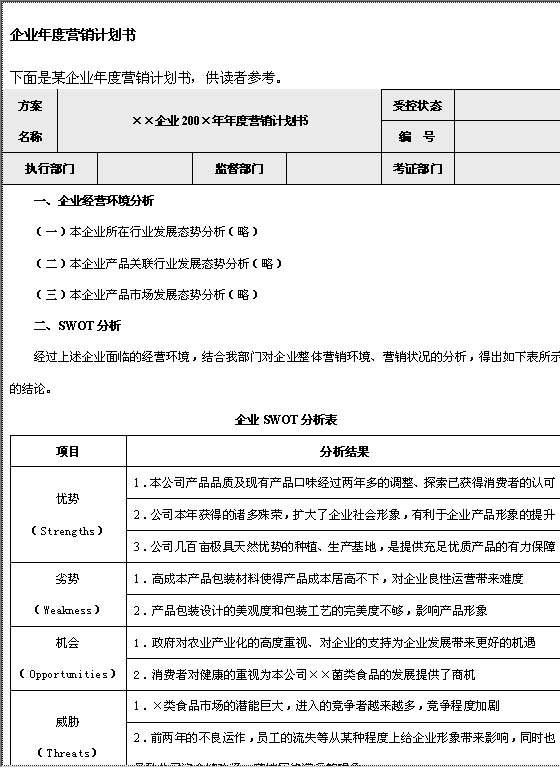 企业年度营销计划书模板Word模板