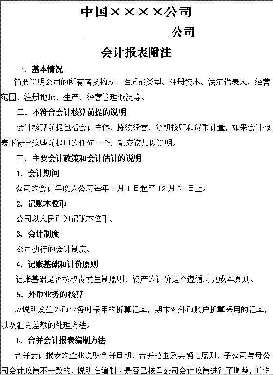 会计报表附注Word模板