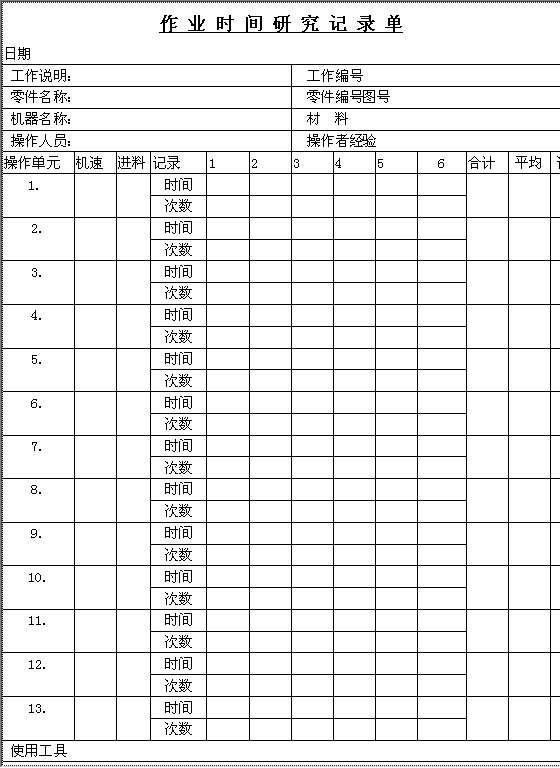 作业时间研究记录单Word模板