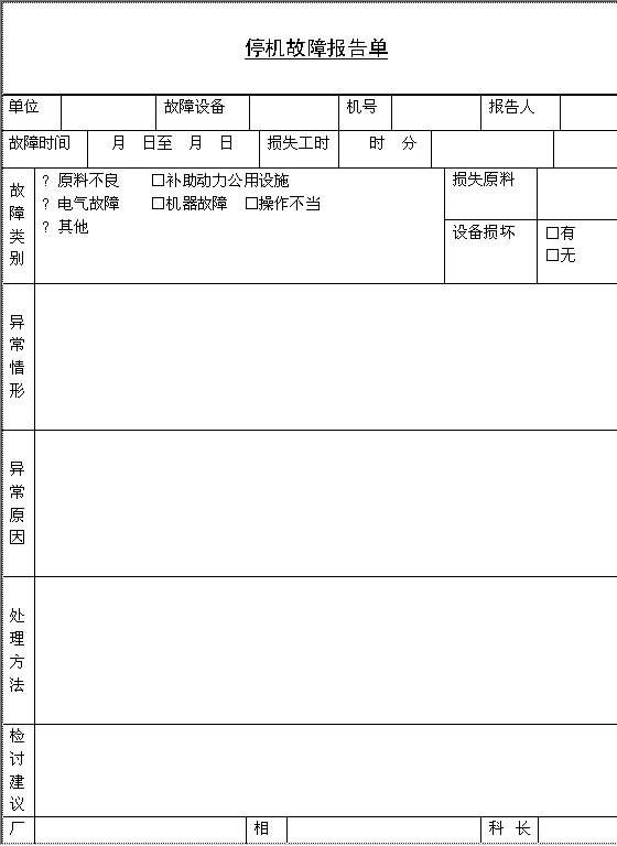 停机故障报告单Word模板