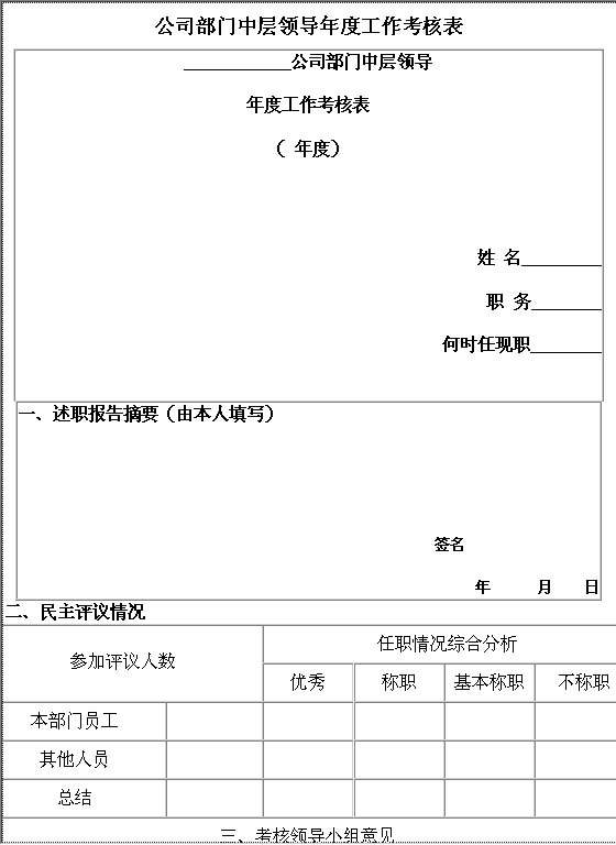 公司部门中层领导年度工作考核表Word模板